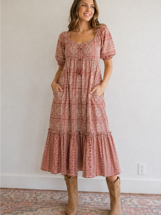 Cleobella Dresses & Skirts - Cleobella Joely Midi Dress Terracotta and Ivory Southwestern Geometric Print